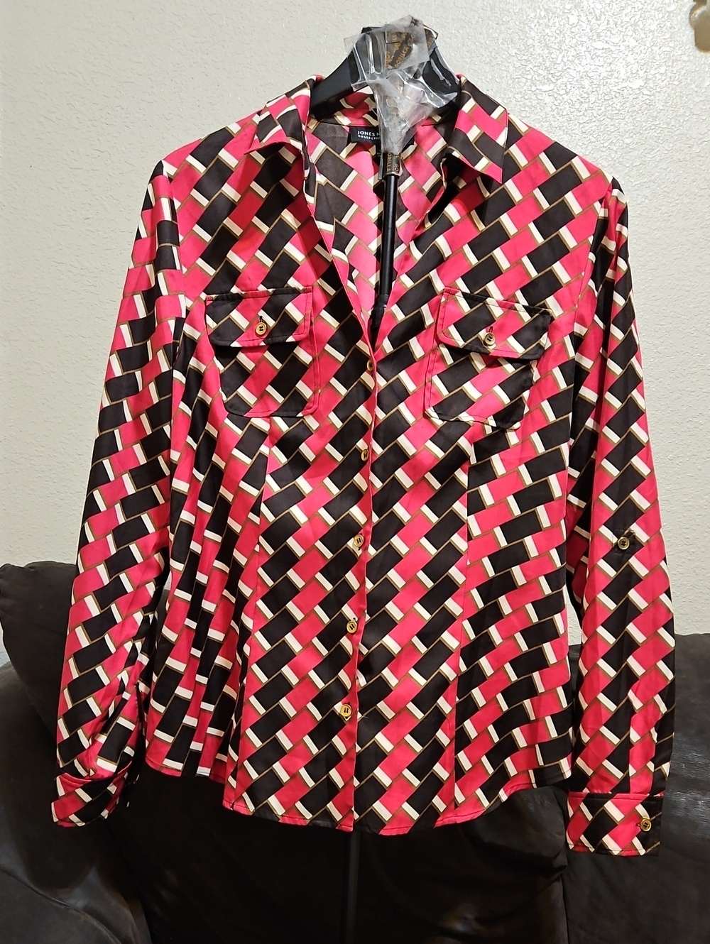 Jones New York Pink, Black & Cream Geometric Button-Front Shirt